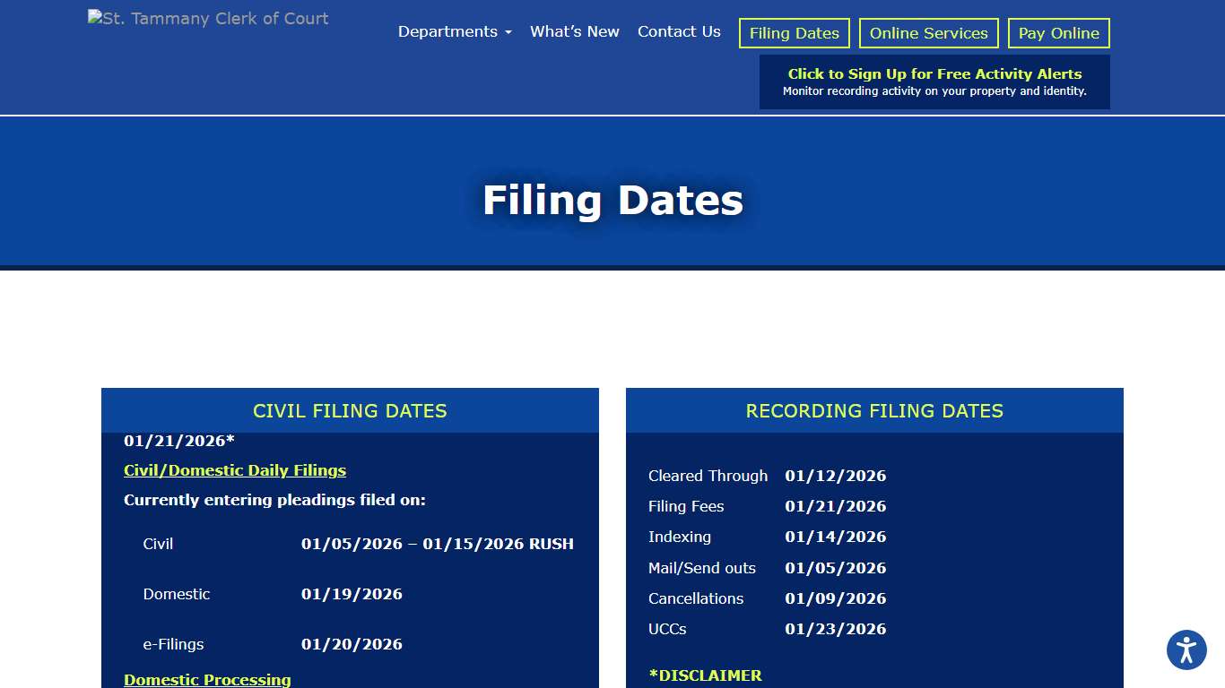 Filing Dates » St. Tammany Clerk of Court